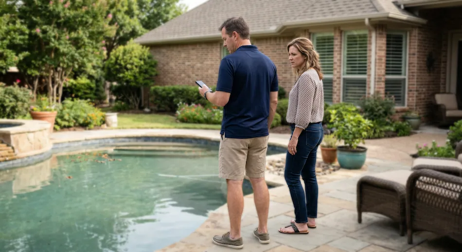 Couple standing by their pool frustrated with their current pool service